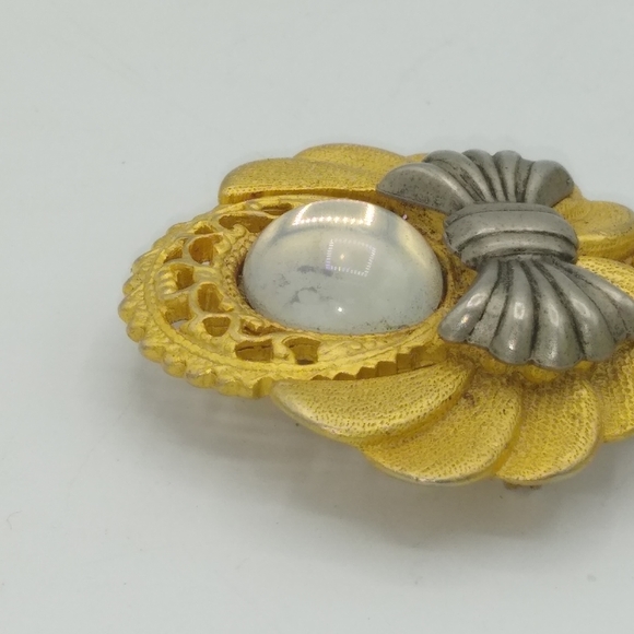 Jac Win Design Gold Tone Angel Bow Brooch Pendant w Pearl Accent Signed Vintage - Picture 3 of 11